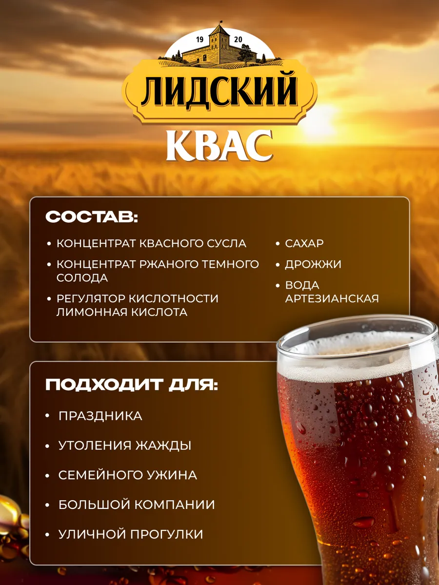 Квас натуральный тёмный Лидский 9 шт по 1 л белорусский