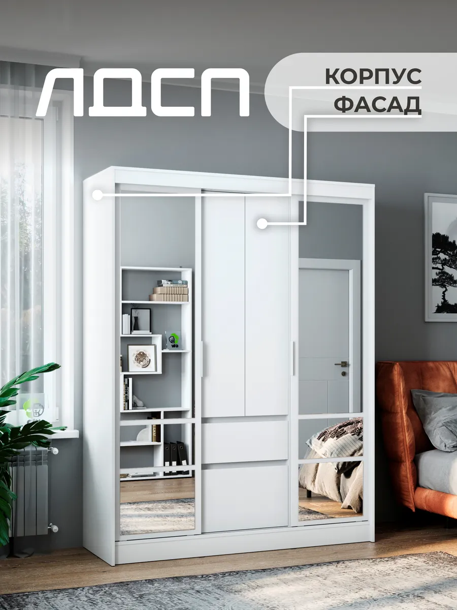 Шкаф-купе с зеркалом для одежды с штангой и ящиками большой