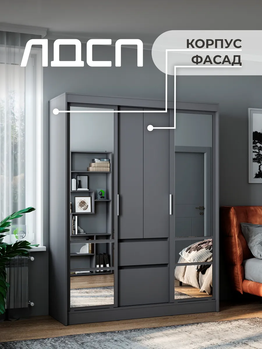 Шкаф-купе с зеркалом для одежды с штангой и ящиками большой