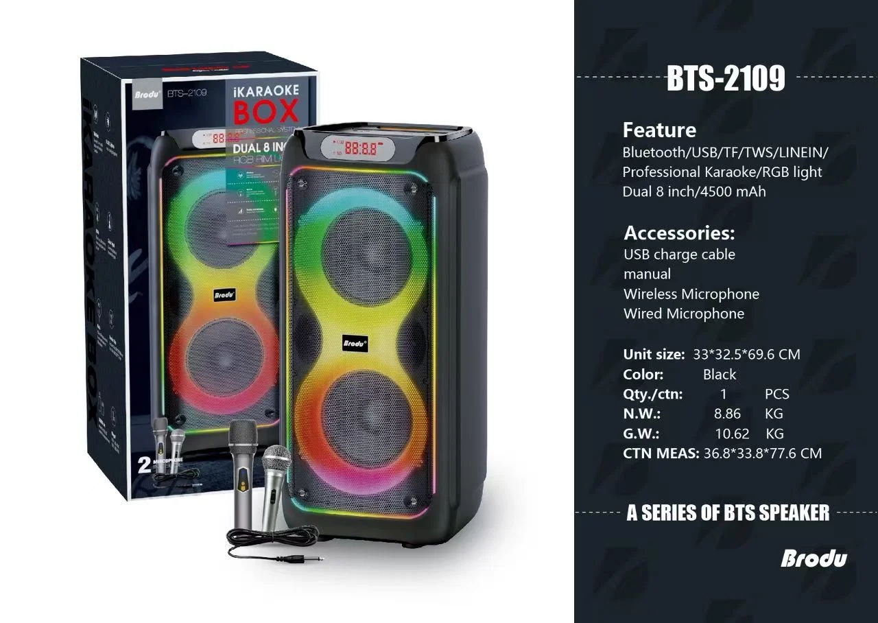 BTS-2109 Большая мощная колонка с 2 микрфонами