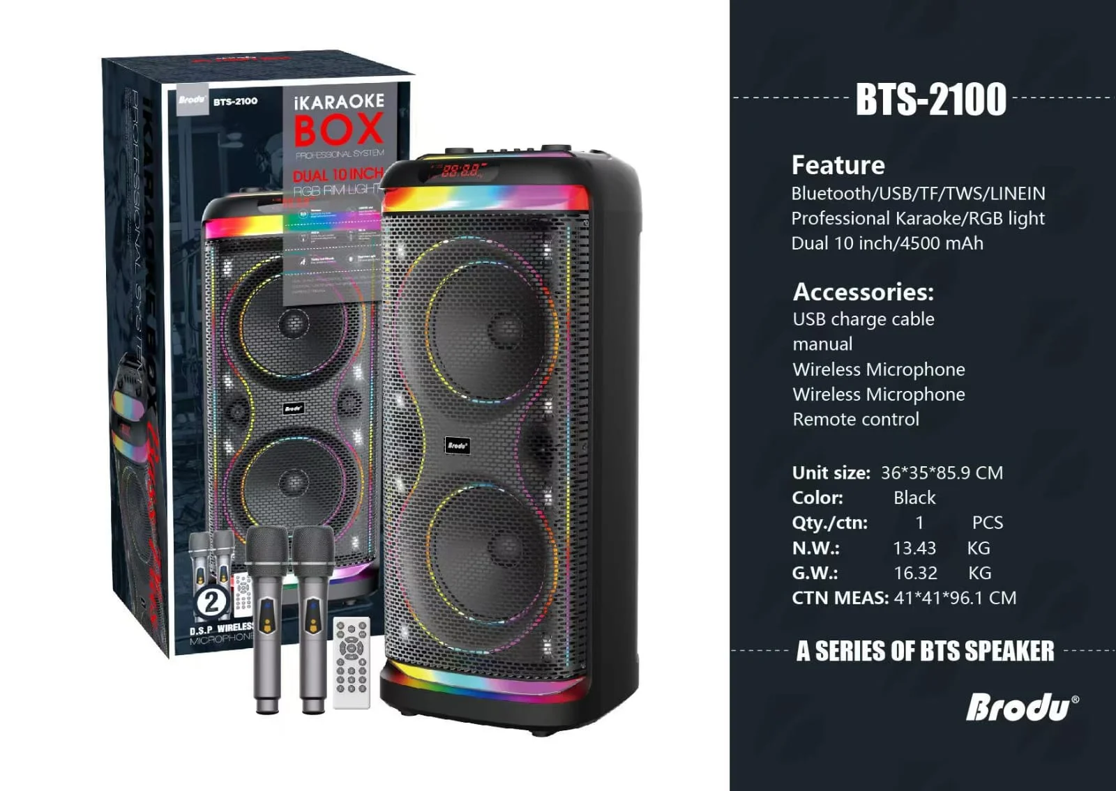 BTS-2100 Большая мощная колонка с 2 микрфонами