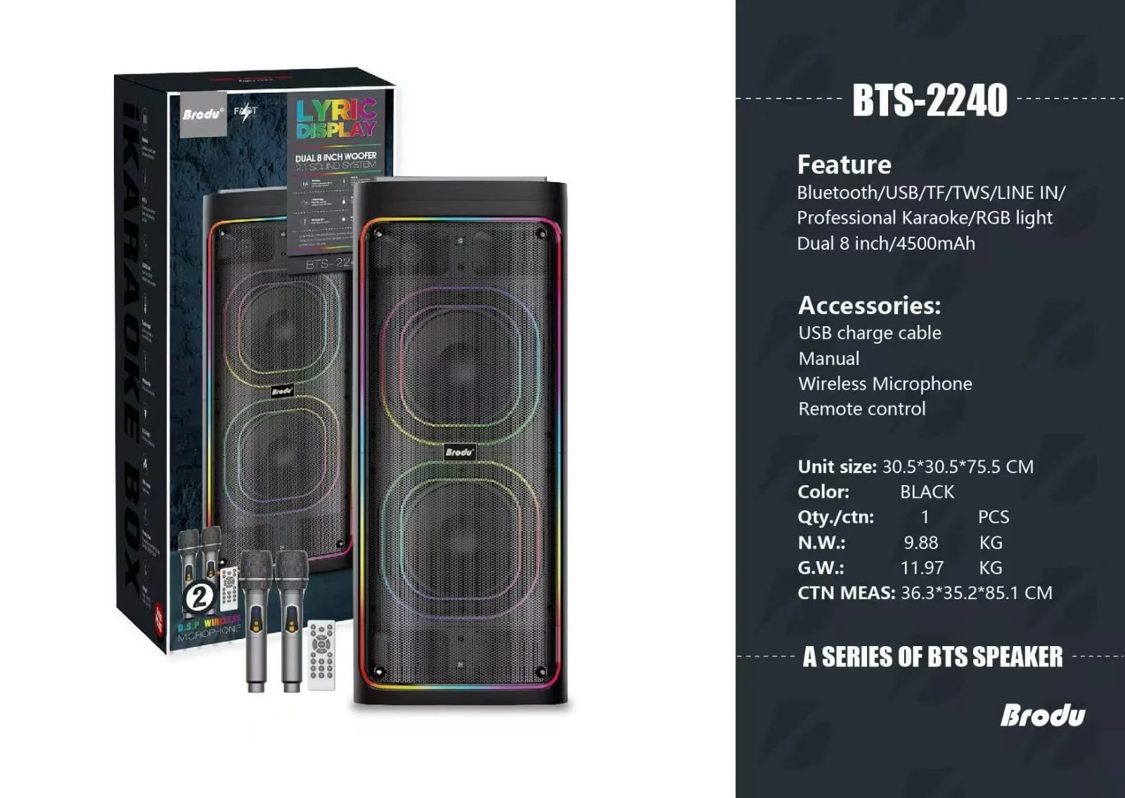 BTS-2240 Большая мощная колонка с 2 микрфонами