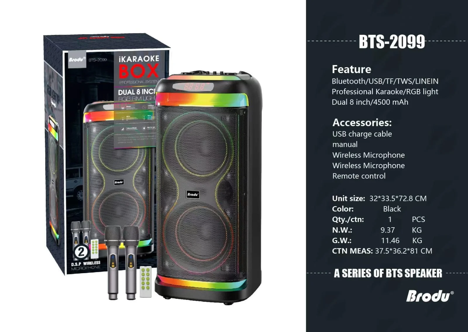 BTS-2099 Большая мощная колонка с 2 микрфонами