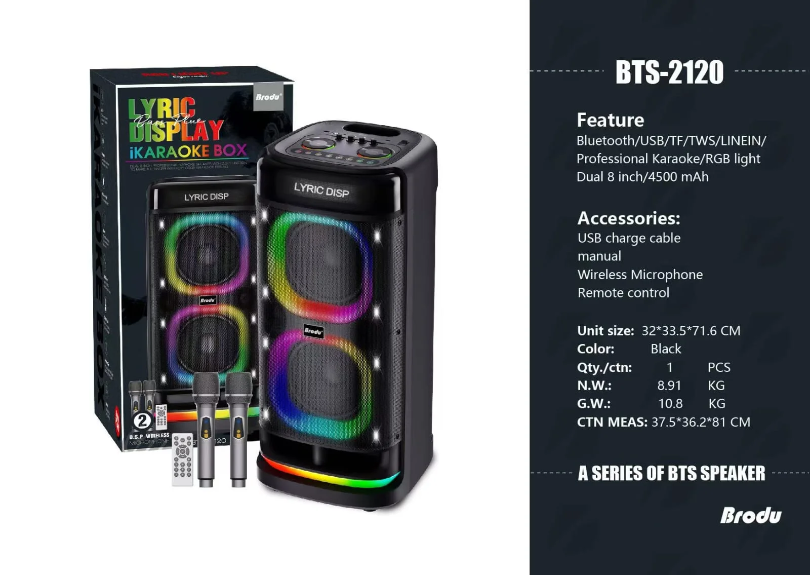 BTS-2120 Большая мощная колонка с 2 микрфонами