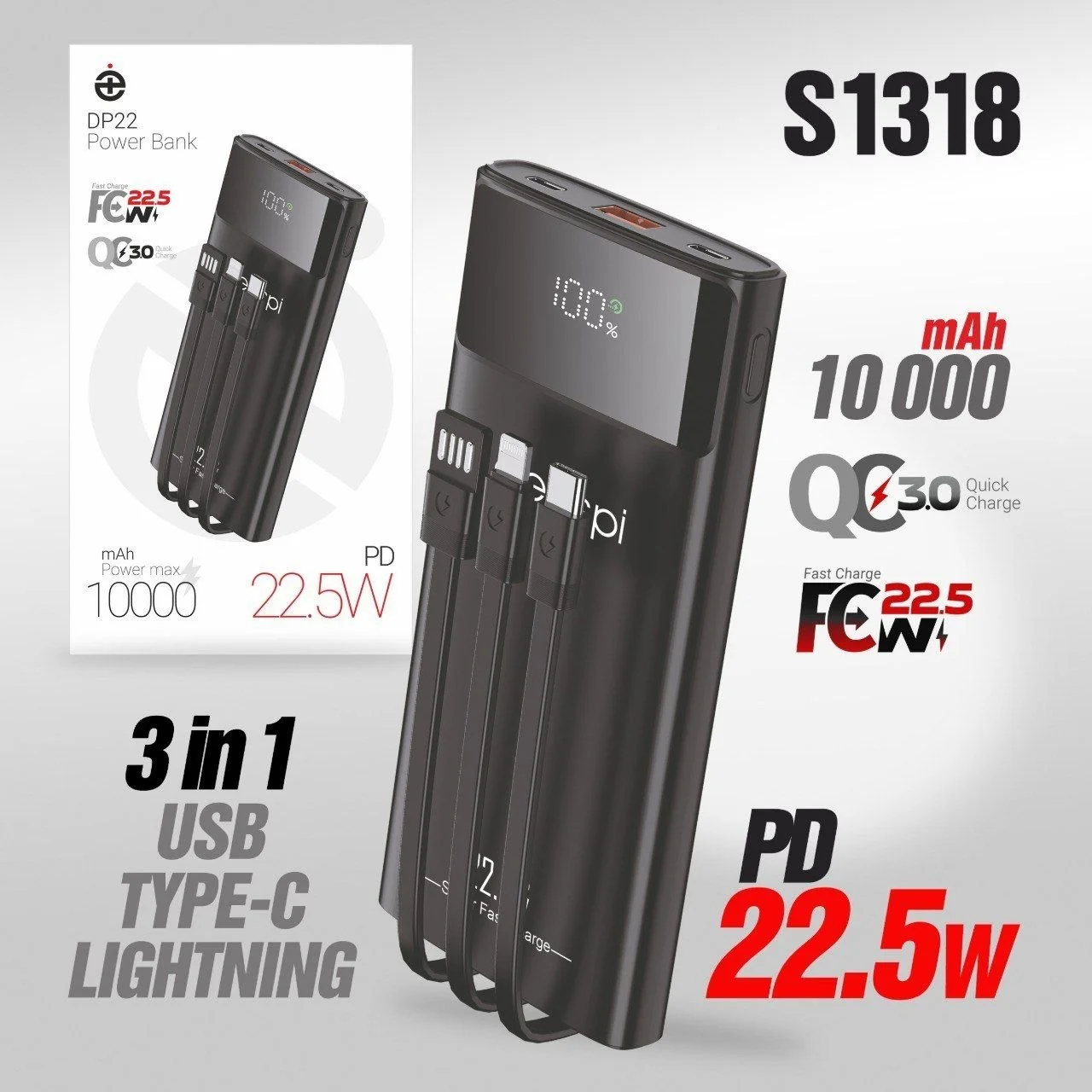 Внешний аккумулятор Повербанк 10000mAh DP22 3в1 USB TYPE-C Lightning