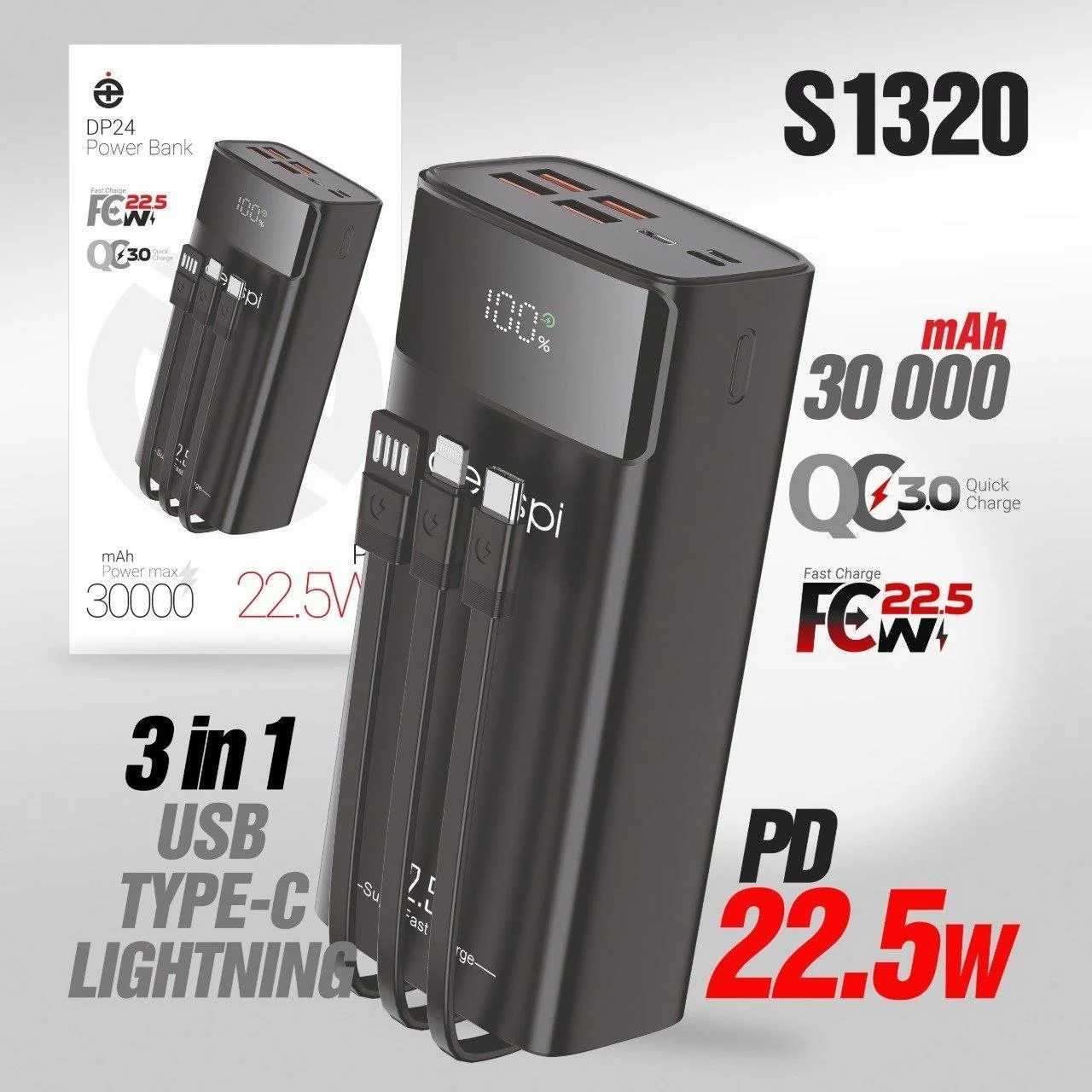 Внешний аккумулятор Повербанк 30000mAh DP24 3в1 USB TYPE-C Lightning