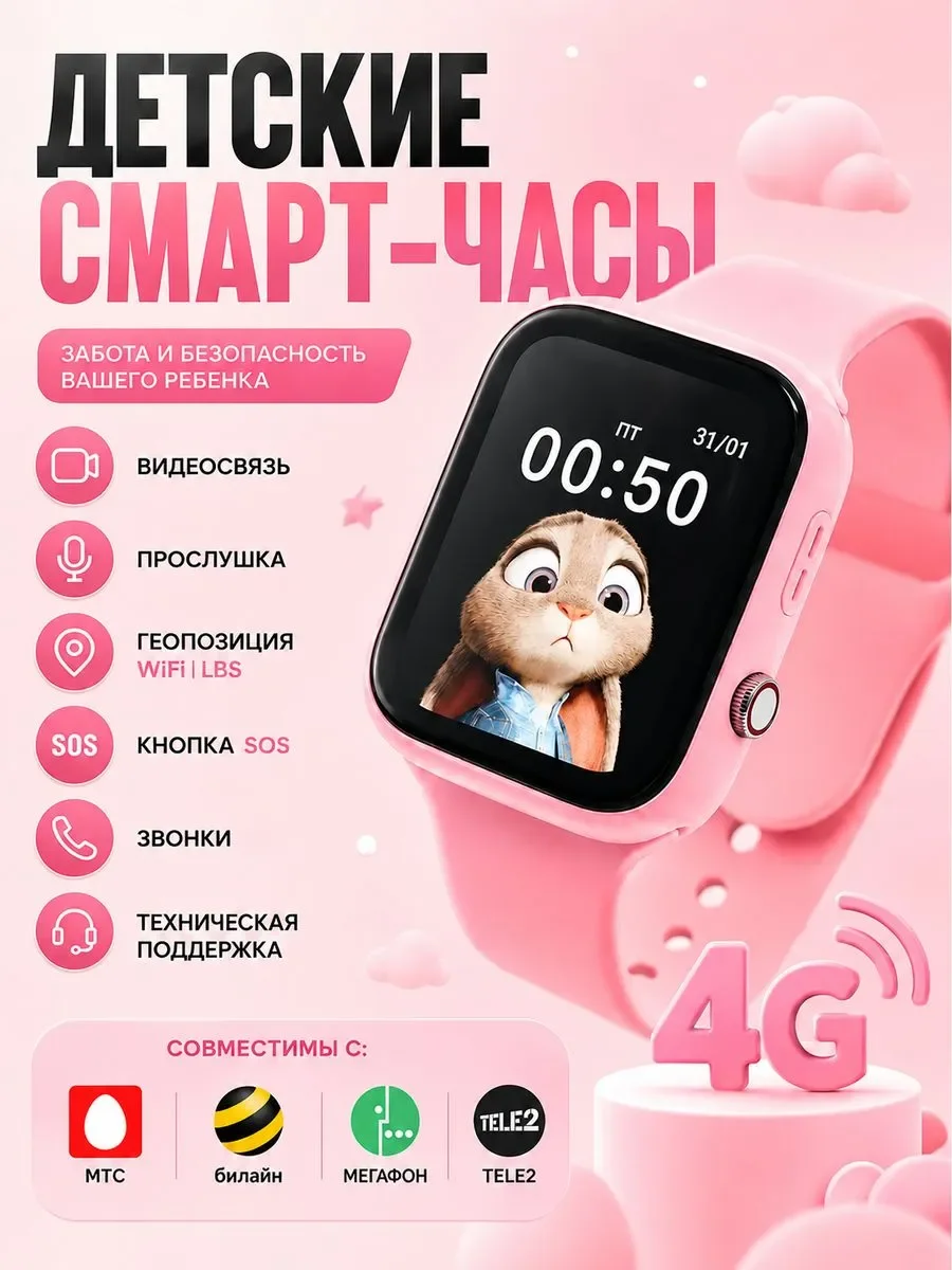 Смарт часы детские умные 4G с GPS с симкартой (LBS) видеосвязью С90 Розовые