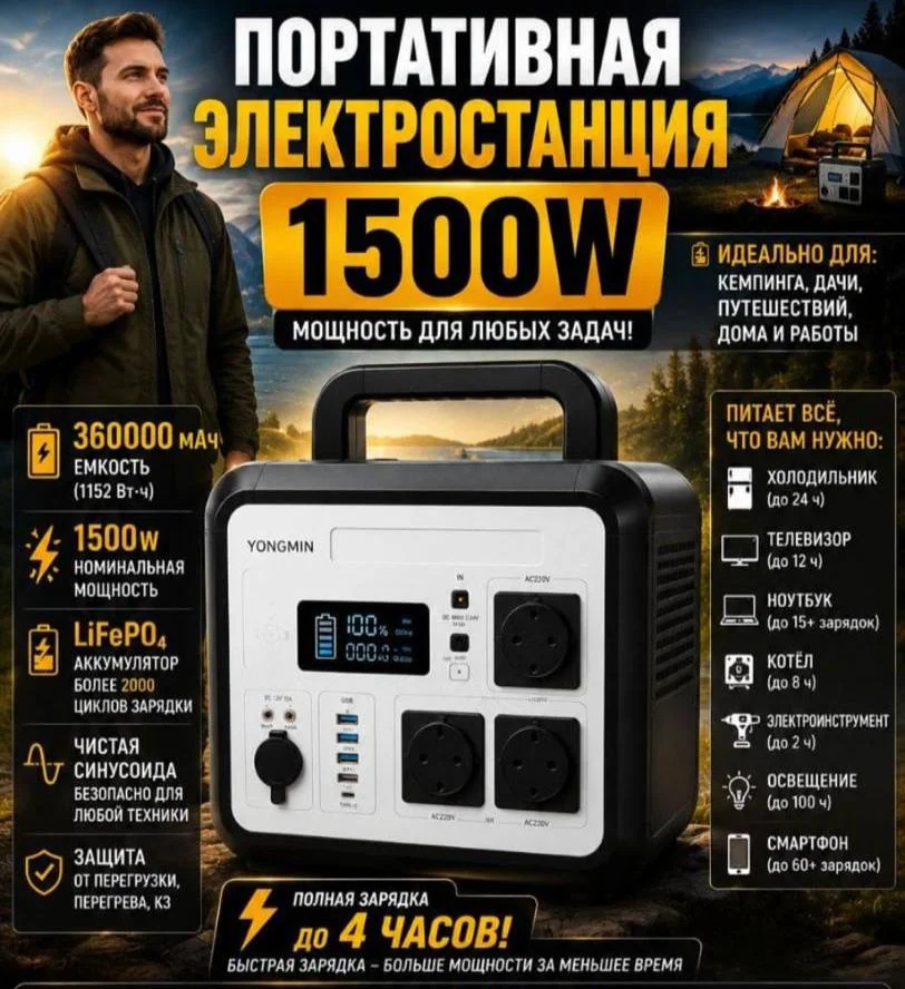 Портативная электростанция 1500 Вт 360000 мА·ч LiFePO